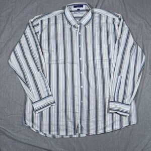 Alan Flusser Shirt Mens‎ XL Blue Gray Striped Button Up Pocket Classic Cotton